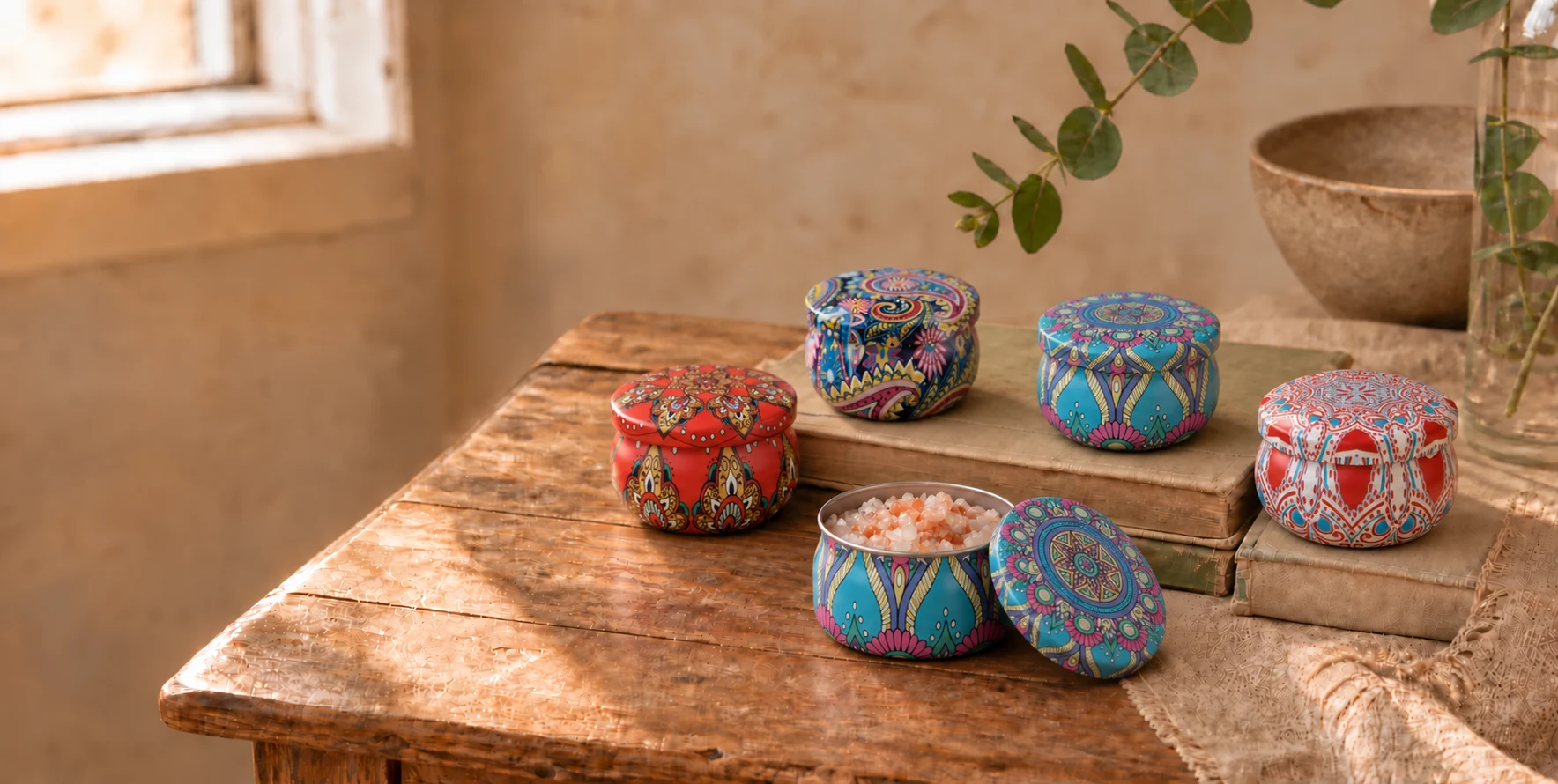 Verschillende kleurrijke Himalayazoutpotjes op een houten tafel, waarvan één geopend met zout