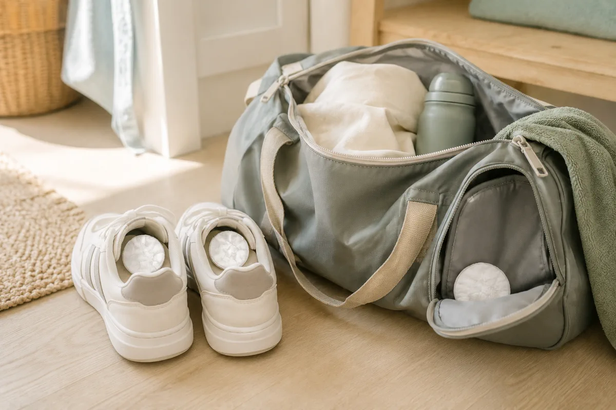 Sporttas en sportschoenen met geurpads van wattenschijfjes