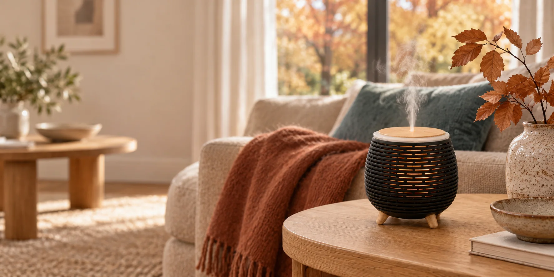 Zwarte Honey aroma diffuser op een houten tafel met herfstbladeren en warm daglicht