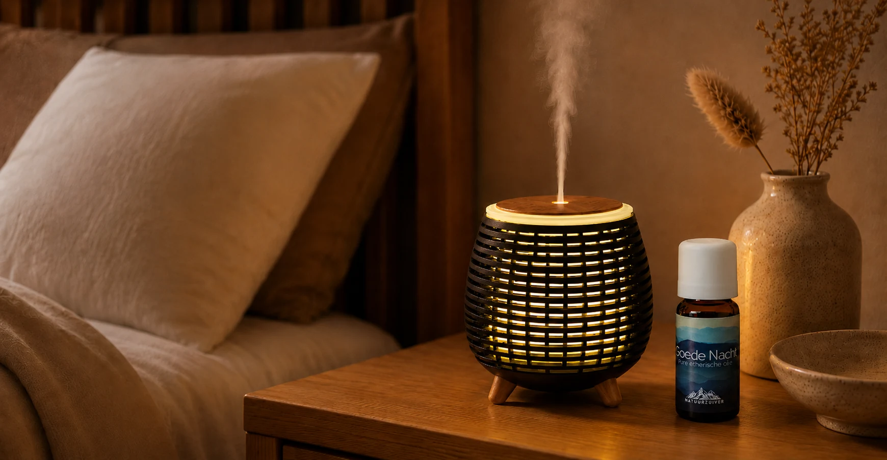 Aroma diffuser met Goede Nacht olie in een warme slaapkamer