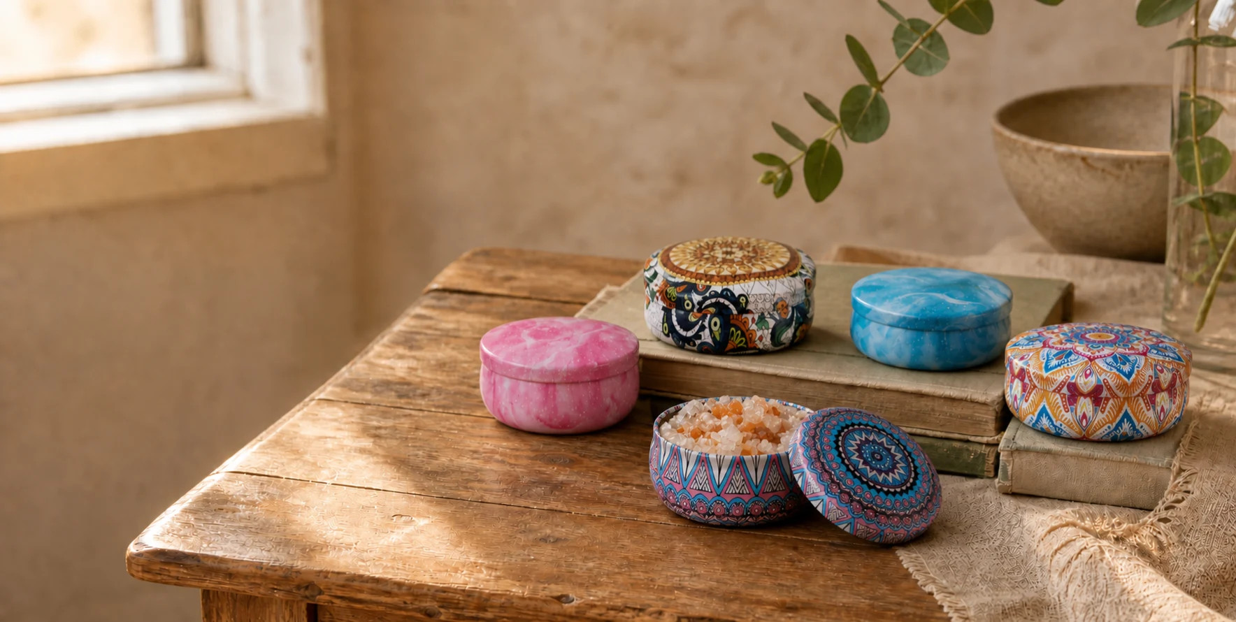 Verschillende kleurrijke Himalayazoutpotjes op een houten tafel, waarvan één geopend met zout