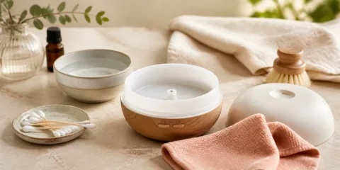Open aroma diffuser met een zachte doek en wattenstaafjes voor het schoonmaken