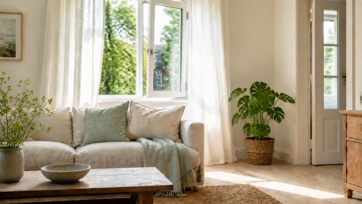 Lichte woonkamer met een open raam voor frisse lucht