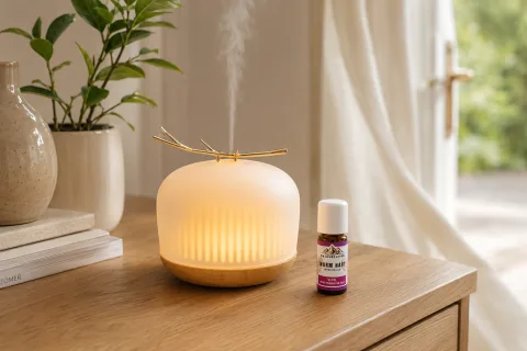 Aroma diffuser die een zachte nevel door de woonkamer verspreidt