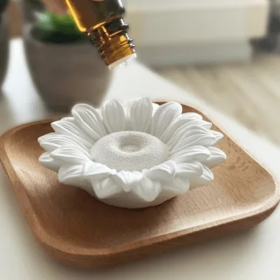 Geursteen met houten onderlegger - Zonnebloem