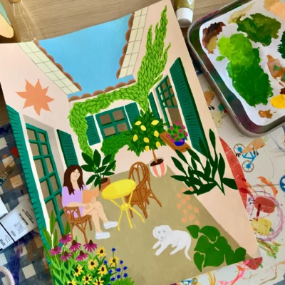 Kirsten Blom Ansichtkaart Green Courtyard A6 ontwerpfase