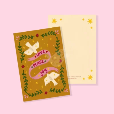 Kirsten Blom Enkele kerstkaart Love peace joy A6 voorkant en achterkant