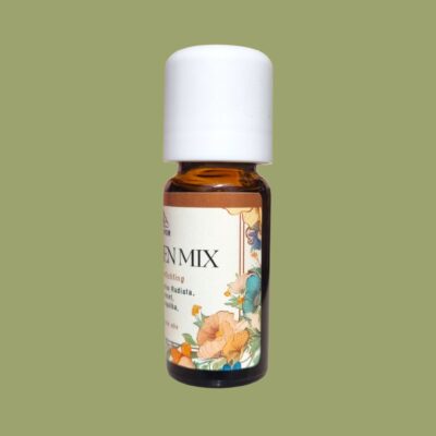 Pollen-Mix-Natuurzuiver-Etherische-olie-10ml-Zijaanzicht-Groene-Achtergrond
